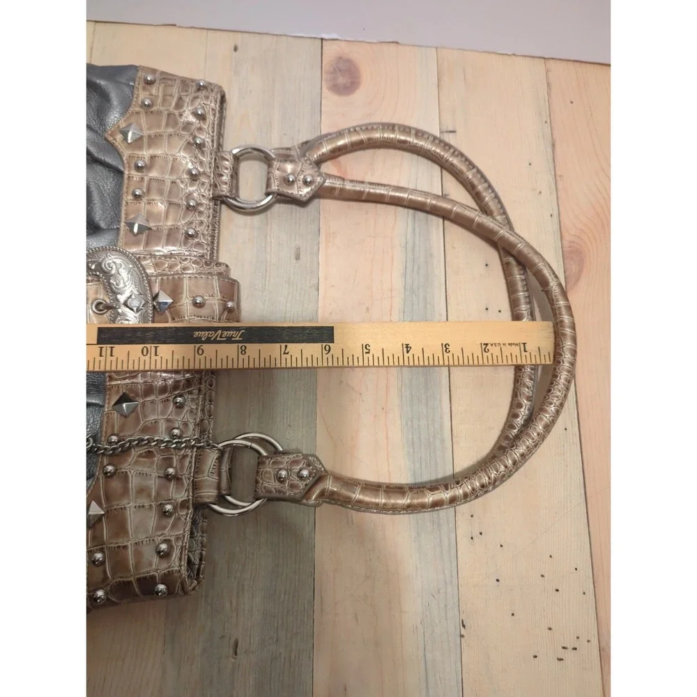 Vtg Y2K Lou-Ella Silver Croc Satchel Bag Studded Buckle Moto Boho slouchy Bling